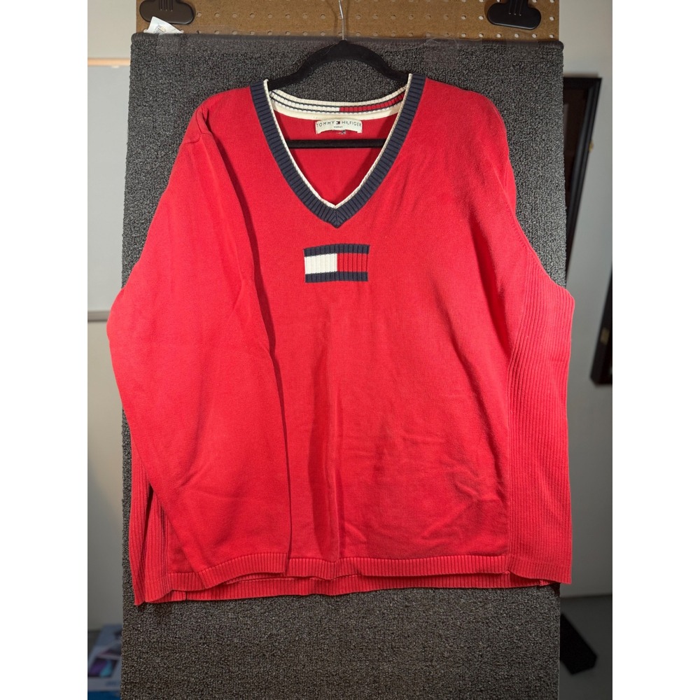 Tommy Hilfiger V-Neck Sweater Womens L Red Embroidered Flag Logo Ribbed Sides